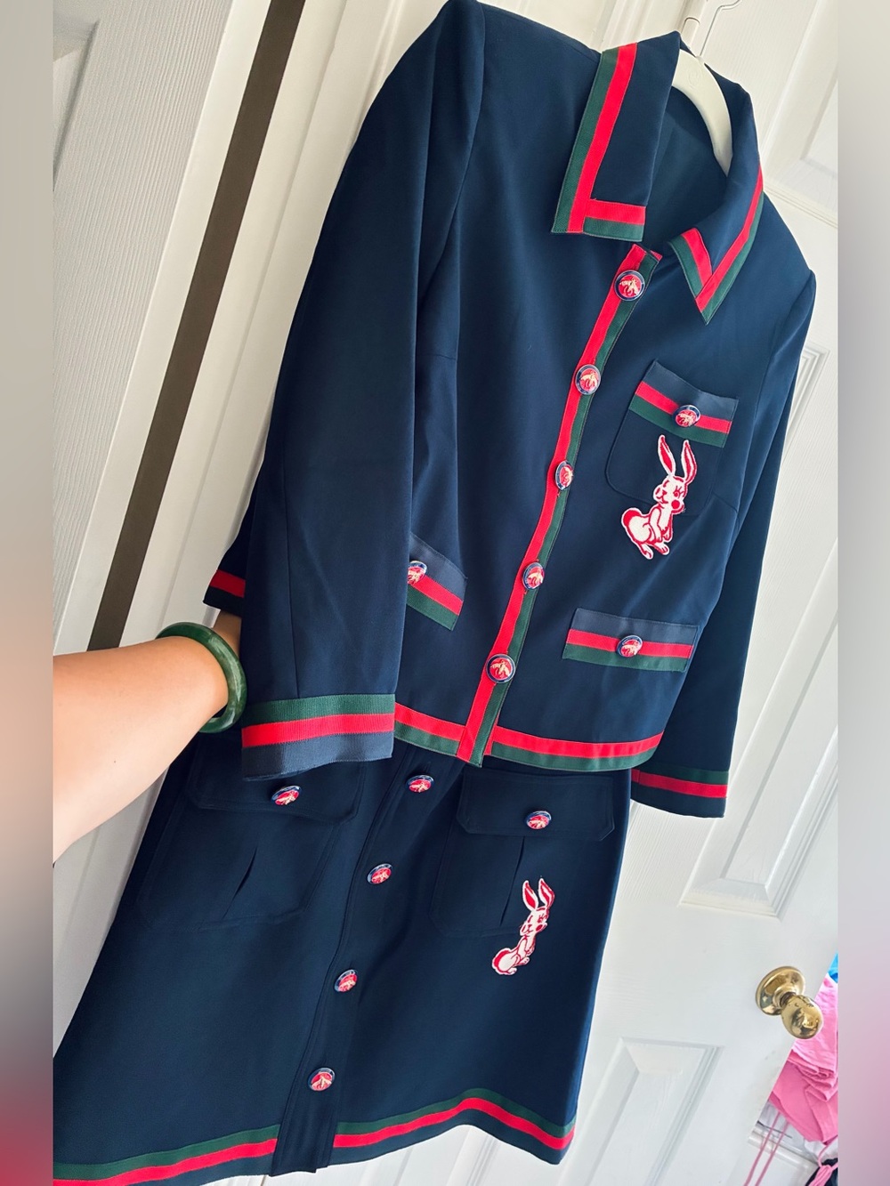 Navy Blue 2-Piece Jacket Skirt Suit Set with Embroidered Rabbits